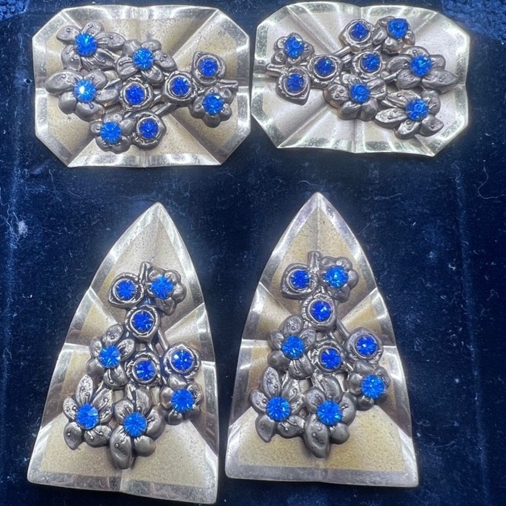 Vintage‎ Royal Blue Rhinestones 2 Dress Clips 2 Brooches Set Floral Gold Tone